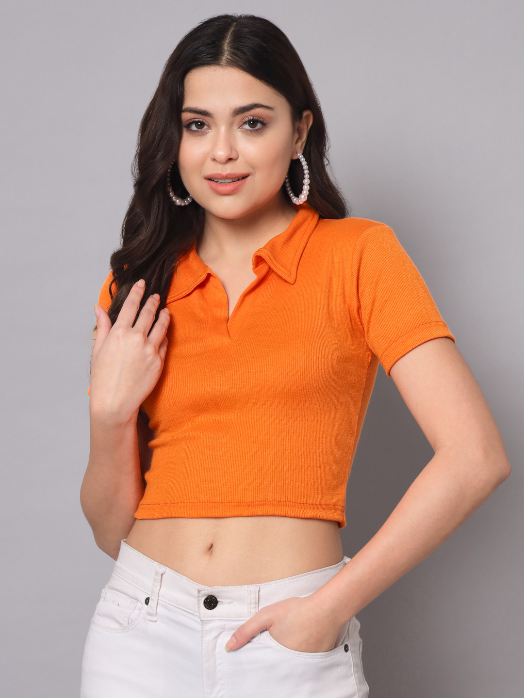 

AAHWAN Women Orange Shirt Style Crop Top