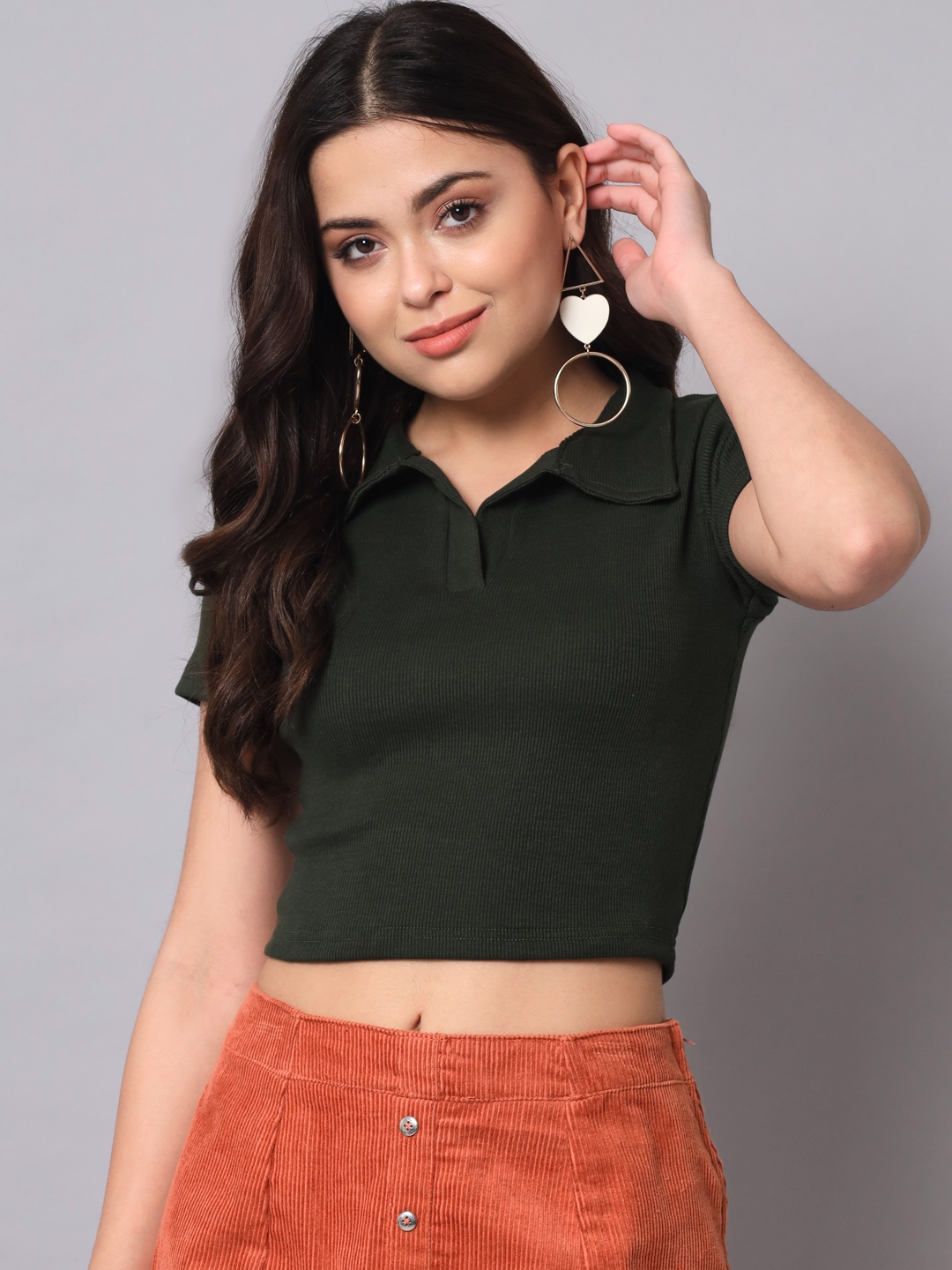 

AAHWAN Women Green Shirt Style Crop Top