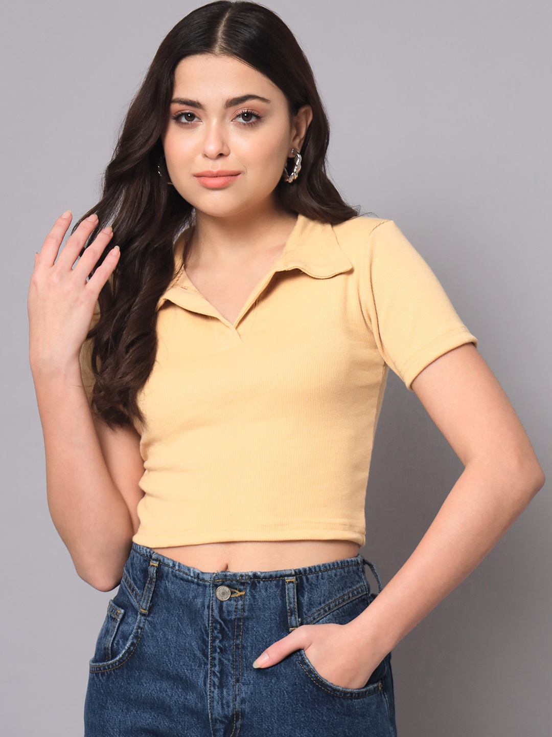 

AAHWAN Women Beige Shirt Style Crop Top