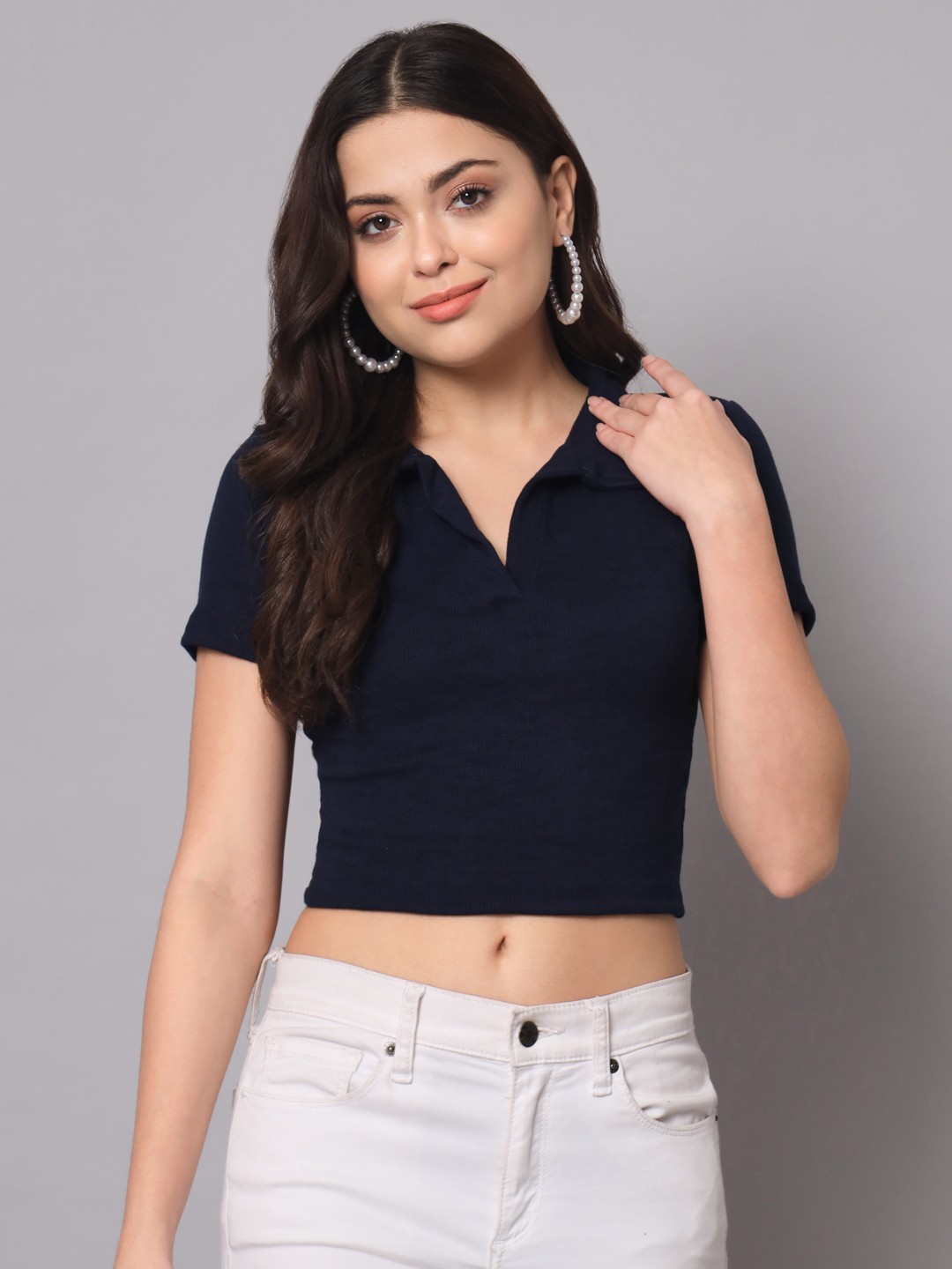 

AAHWAN Women Navy Blue Shirt Style Crop Top