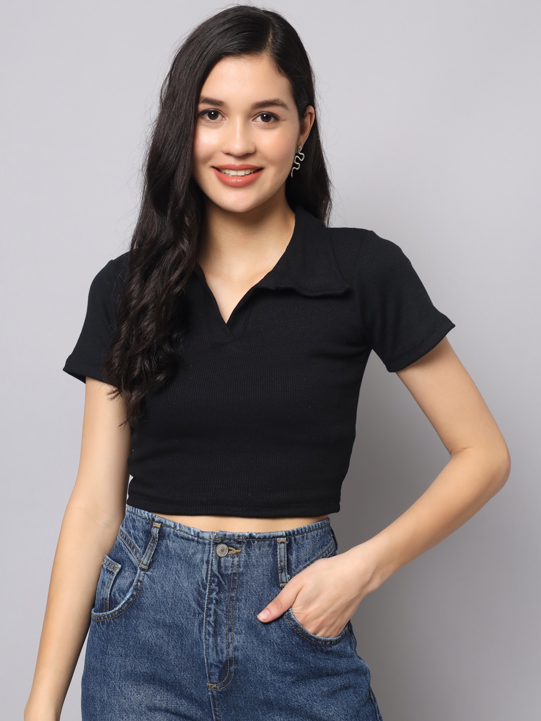 

AAHWAN Women Black Shirt Style Crop Top