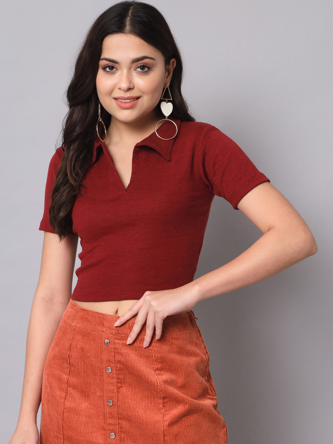

AAHWAN Women Maroon Shirt Style Crop Top