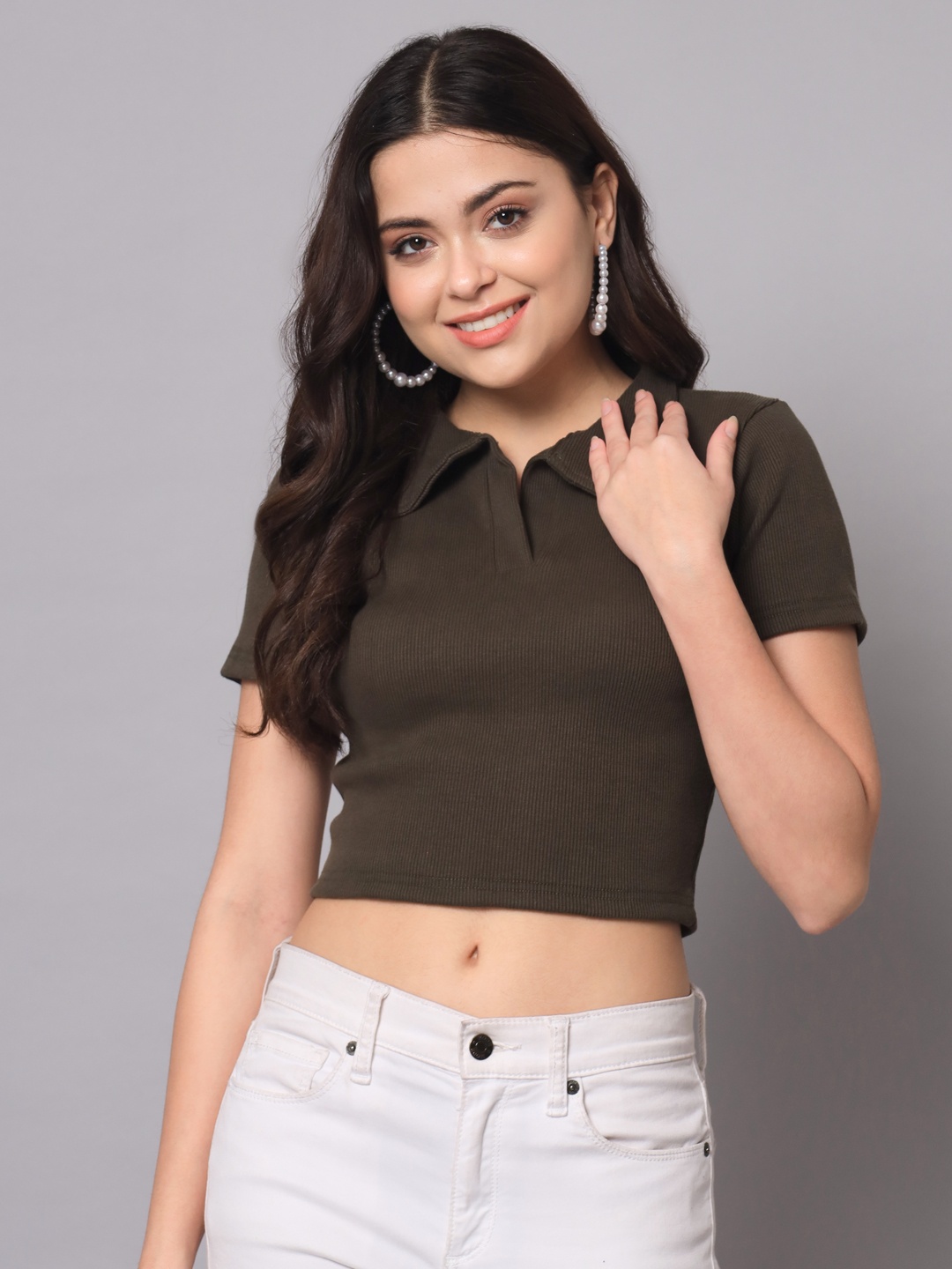 

AAHWAN Women Olive Green Shirt Style Crop Top