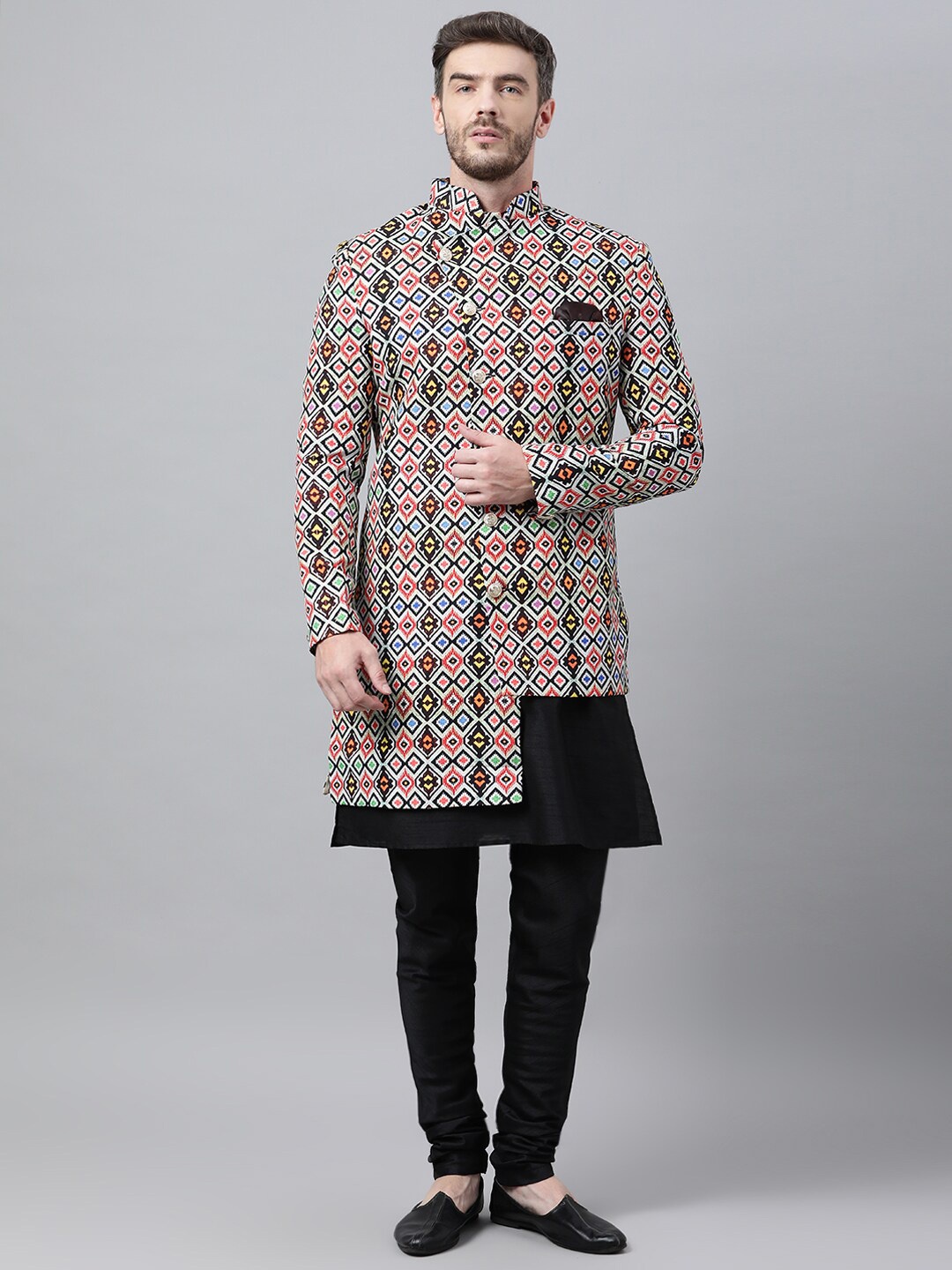 

Hangup Men Black and Cream Woven Design Polyester Sherwani