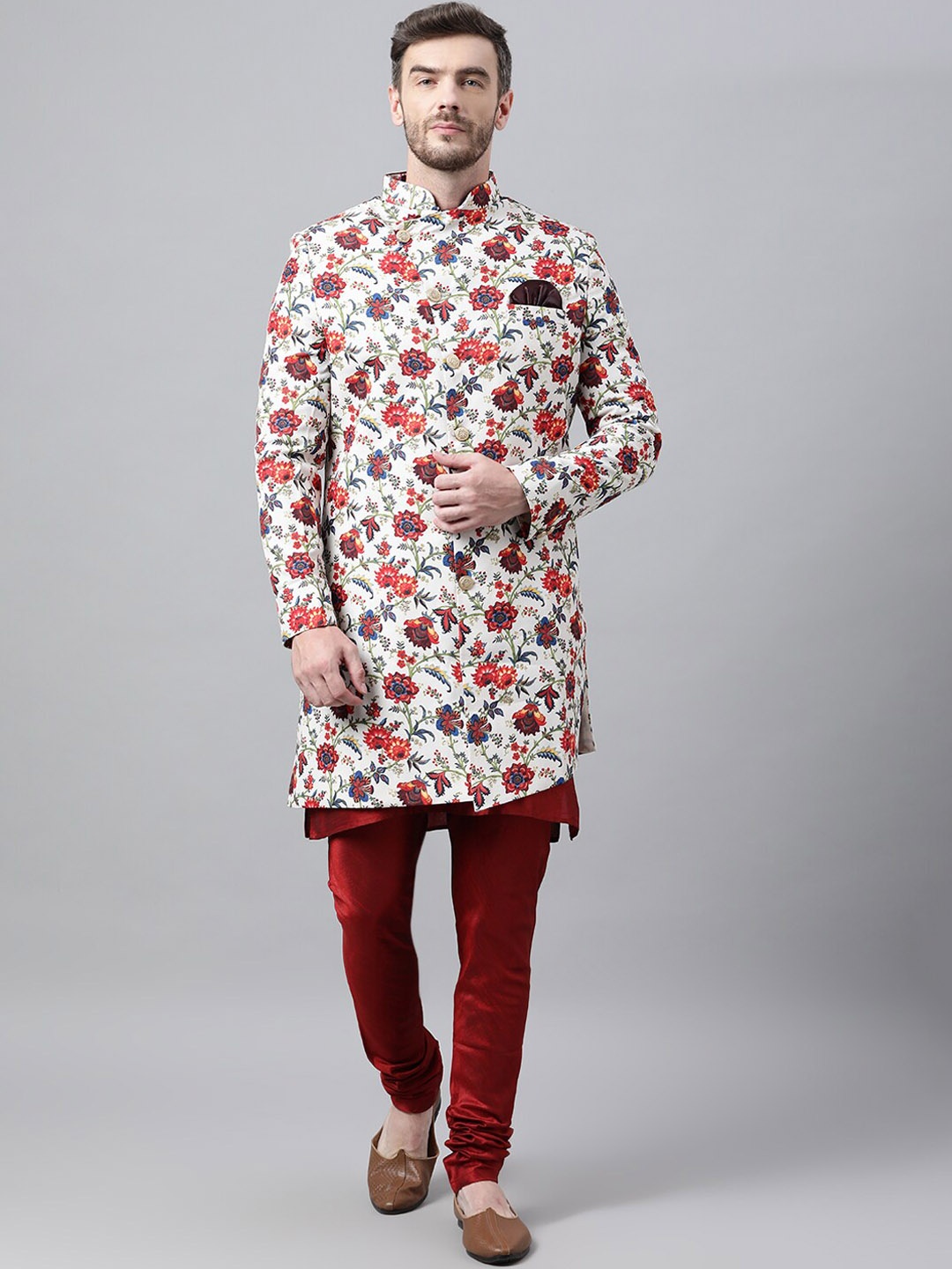 

Hangup Men Red & White Floral Printed Sherwani