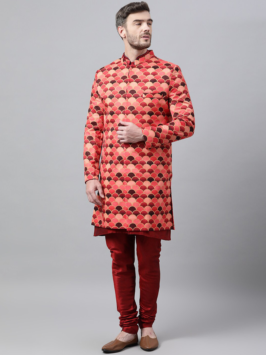 

Hangup Men Red & Orange Colored Printed Sherwani