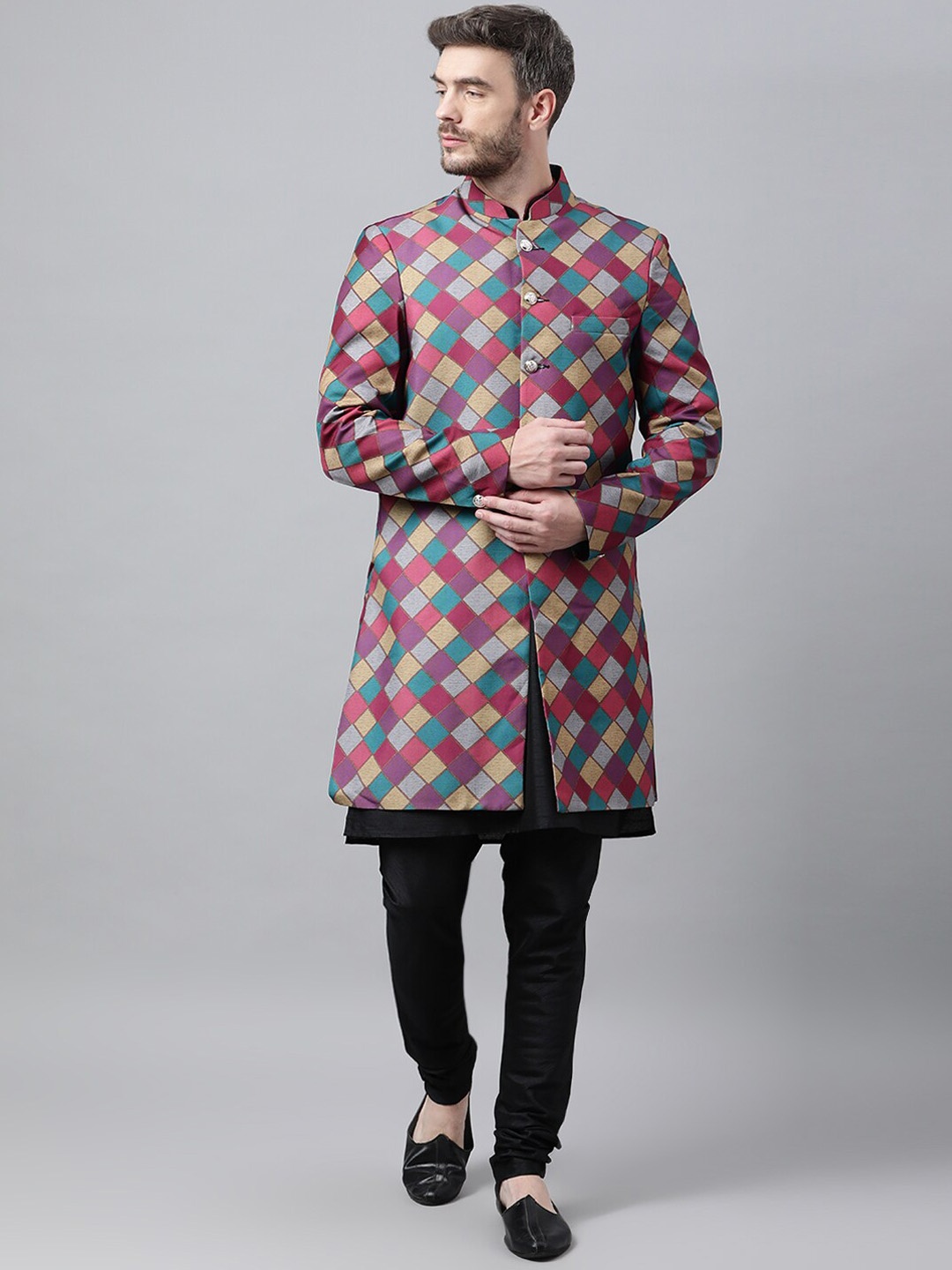 

Hangup Men Pink & Black Printed Sherwani Set