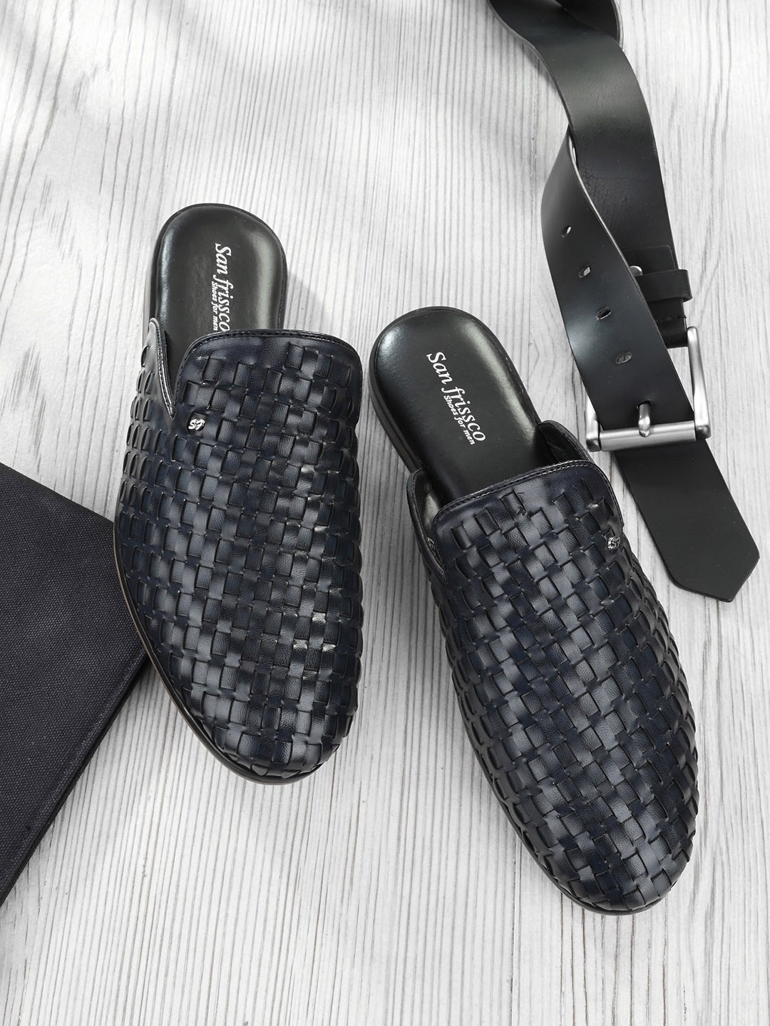 

San Frissco Men Blue Woven Design Slip-On Casual Mules