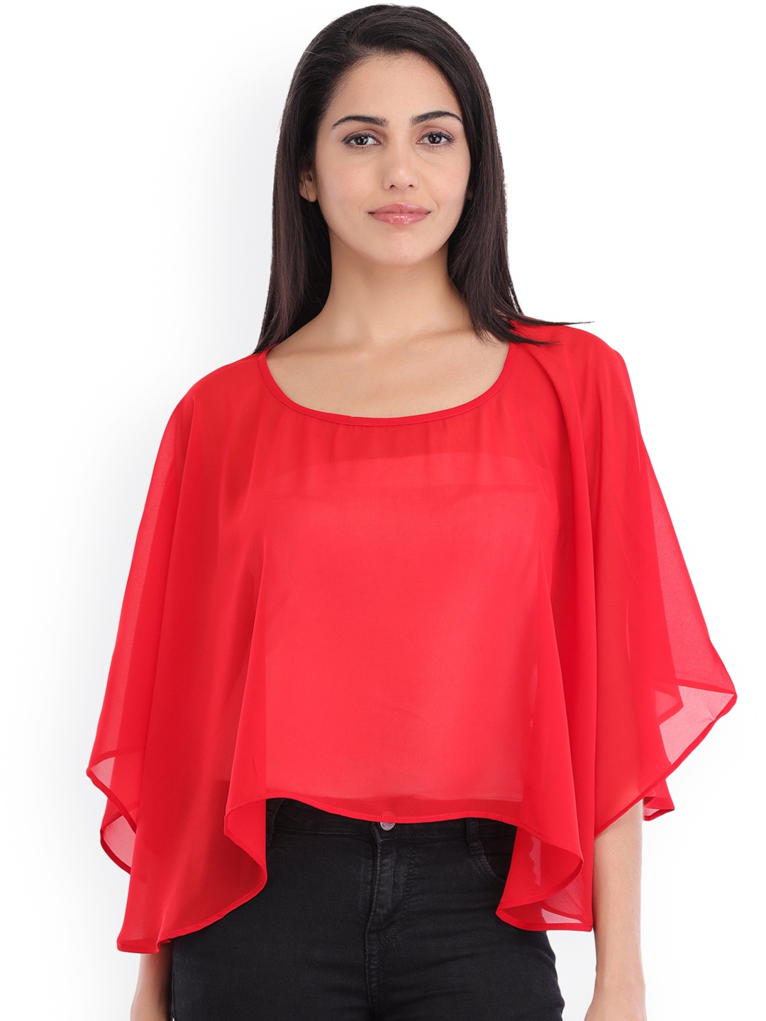 

Cottinfab Women Red Solid Poncho Top