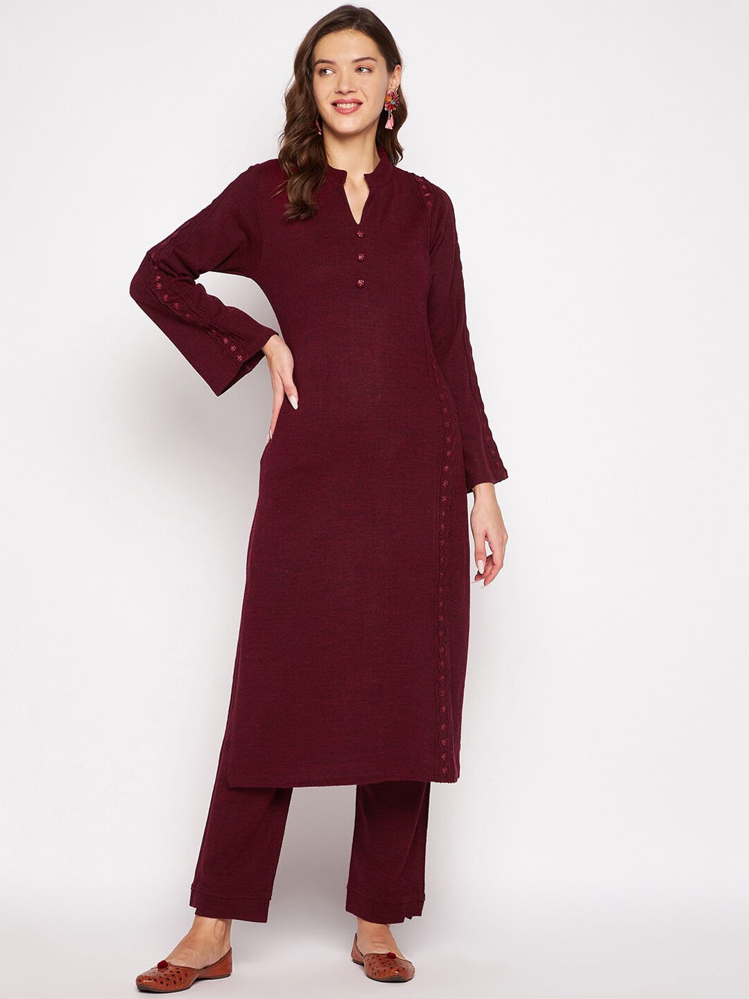 

Zigo Winter Wear Women Maroon Embroidered Kurta with Trousers