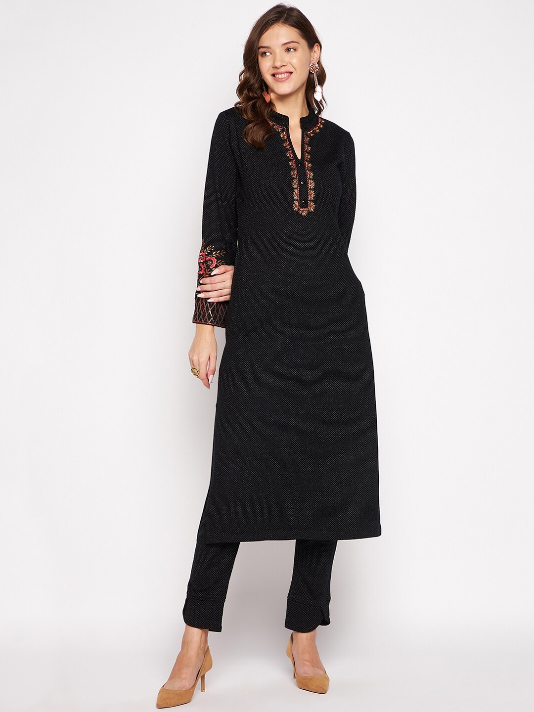 

Zigo Winter Wear Women Black Embroidered Kurta with Trousers