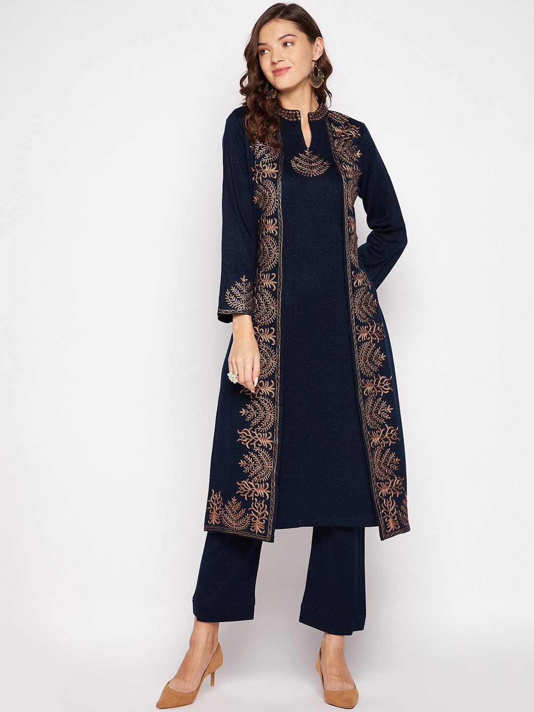 

Zigo Winter Wear Women Navy Blue Floral Embroidered Thread Work Kurta with Trousers