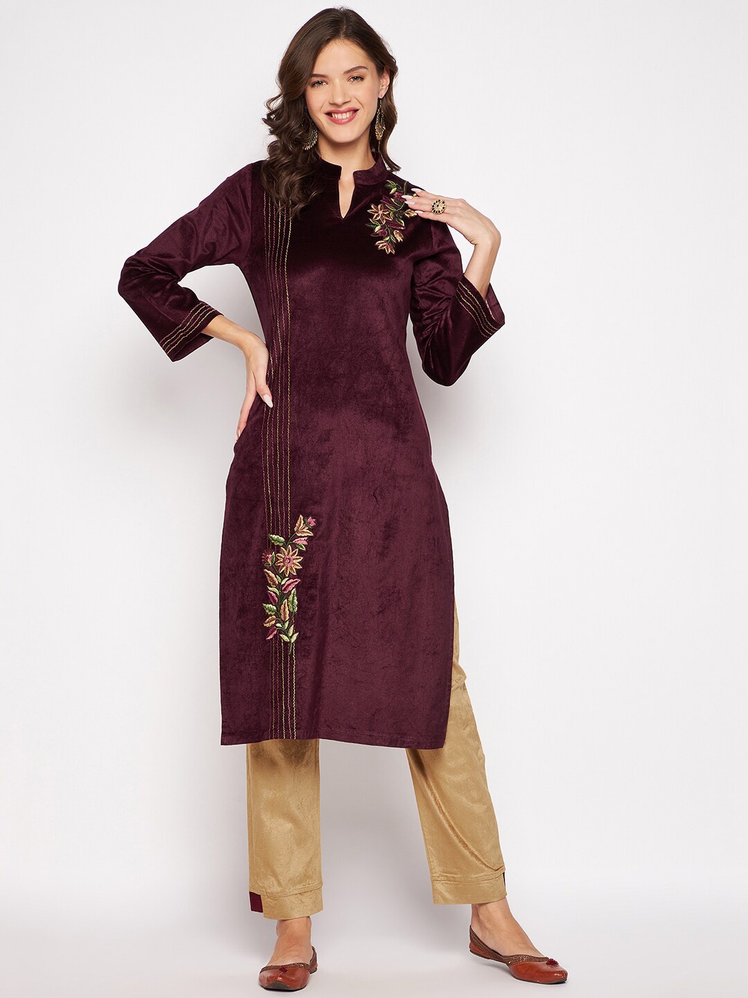 

Zigo Winter Wear Women Maroon Floral Embroidered Thread Work Velvet Kurta with Trousers