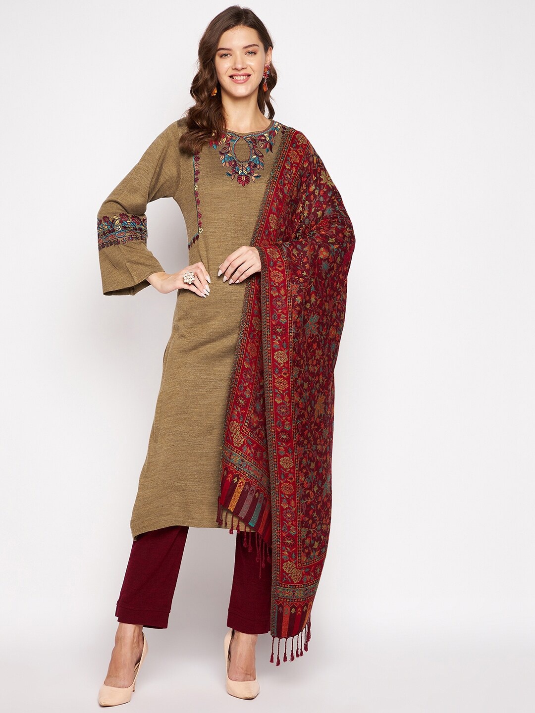 

Zigo Winter Wear Women Brown Floral Embroidered Thread Work Kurta with Trousers & Dupatta