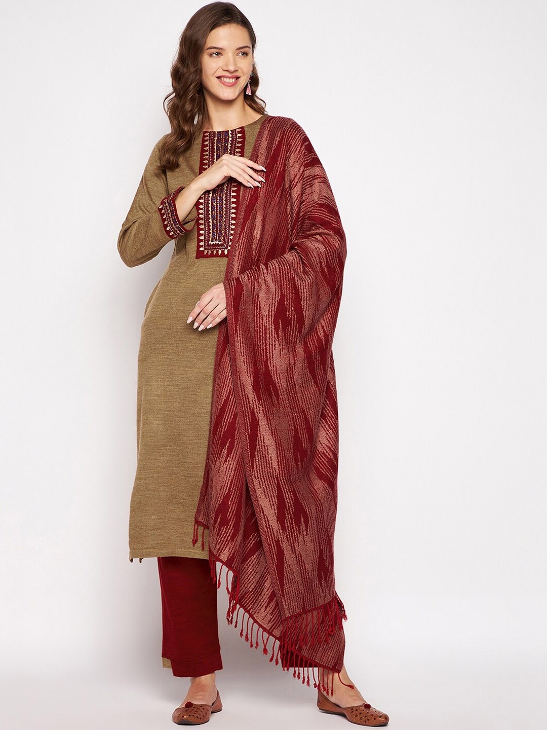 

Zigo Winter Wear Women Brown Embroidered Thread Work Kurta with Trousers & With Dupatta