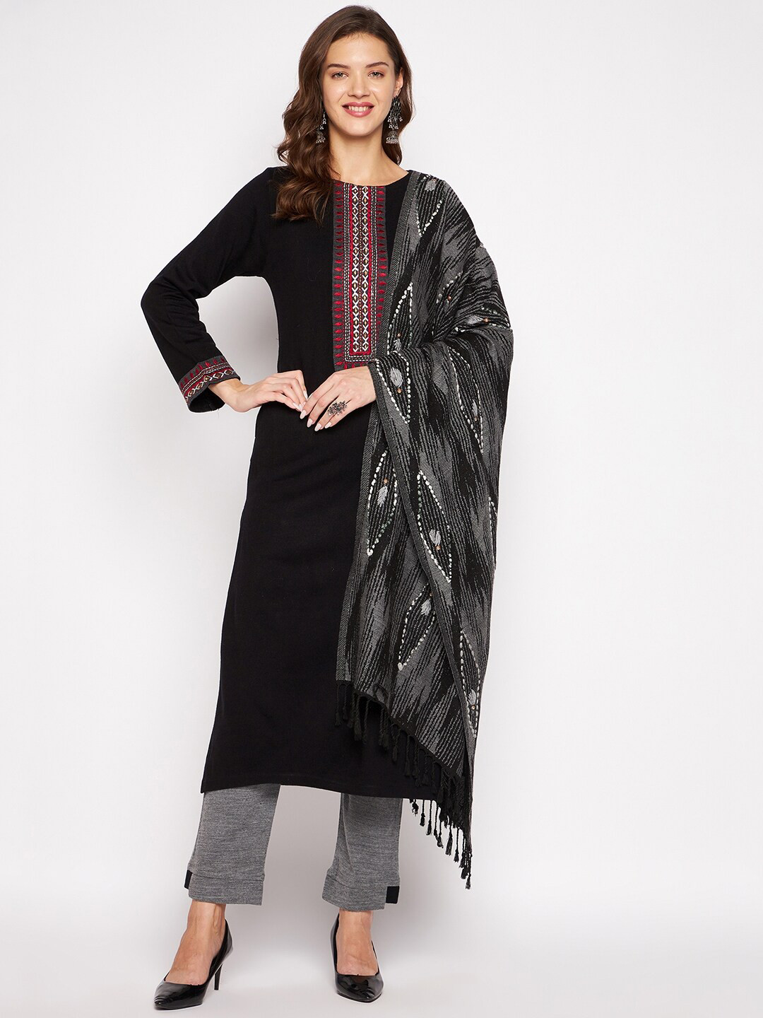 

Zigo Winter Wear Women Black & Grey Ethnic Motifs Embroidered Kurta with Trousers & Dupatta