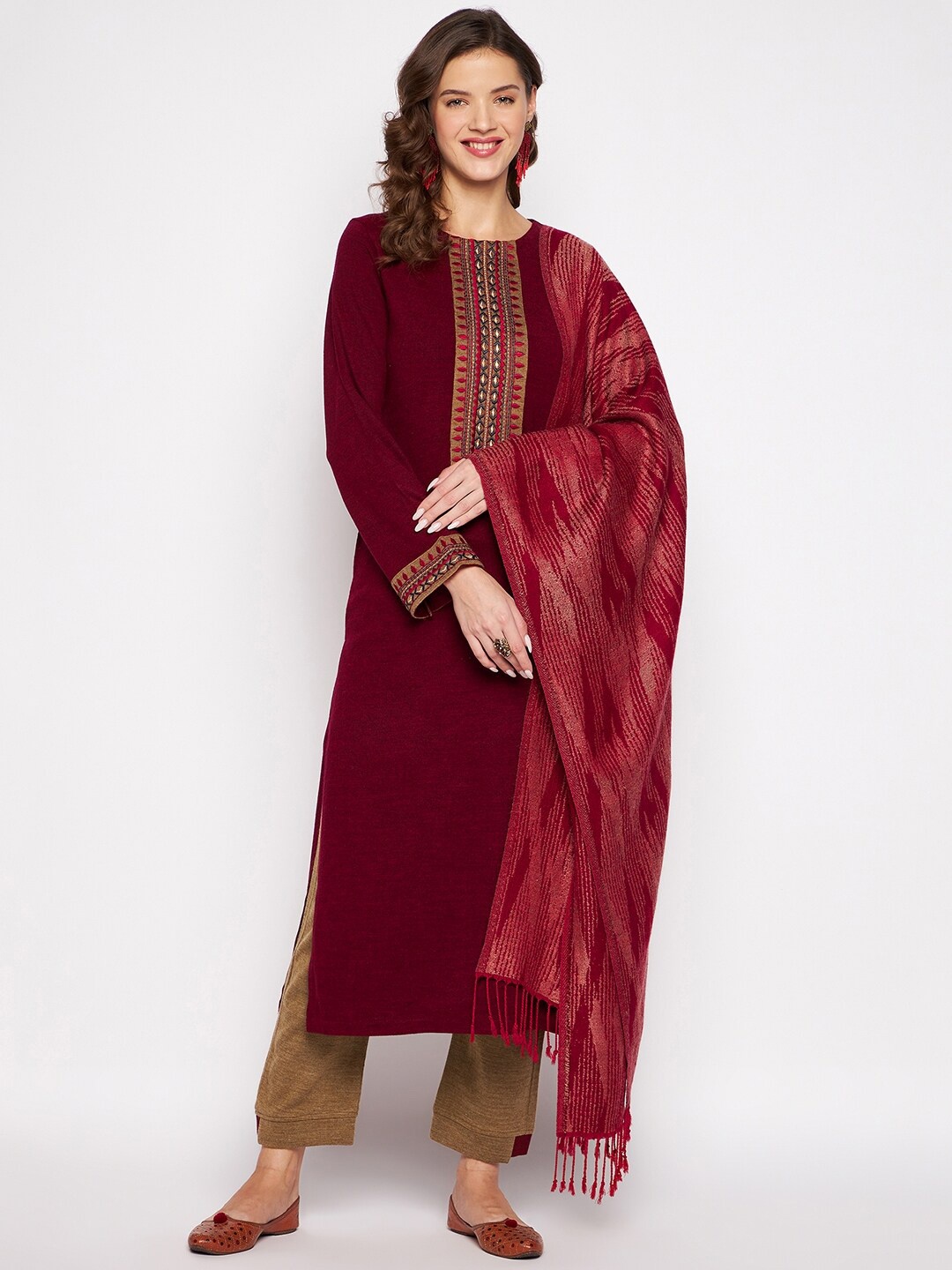 

Zigo Winter Wear Women Maroon & Brown Ethnic Motifs Embroidered Kurta with Trousers & Dupatta