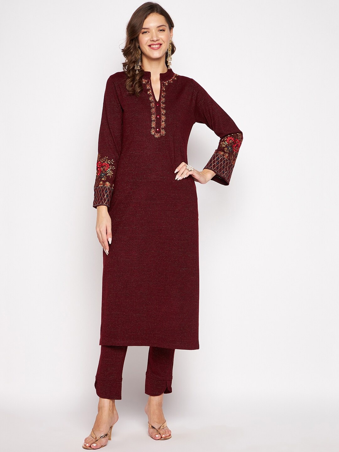 

Zigo Winter Wear Women Maroon Ethnic Motifs Embroidered Kurta with Trouser