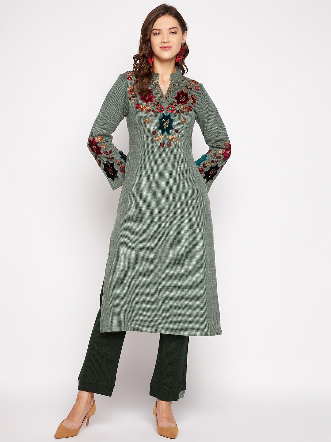 

Zigo Winter Wear Women Light Green Floral Embroidered Thread Work Kurta with Trouser
