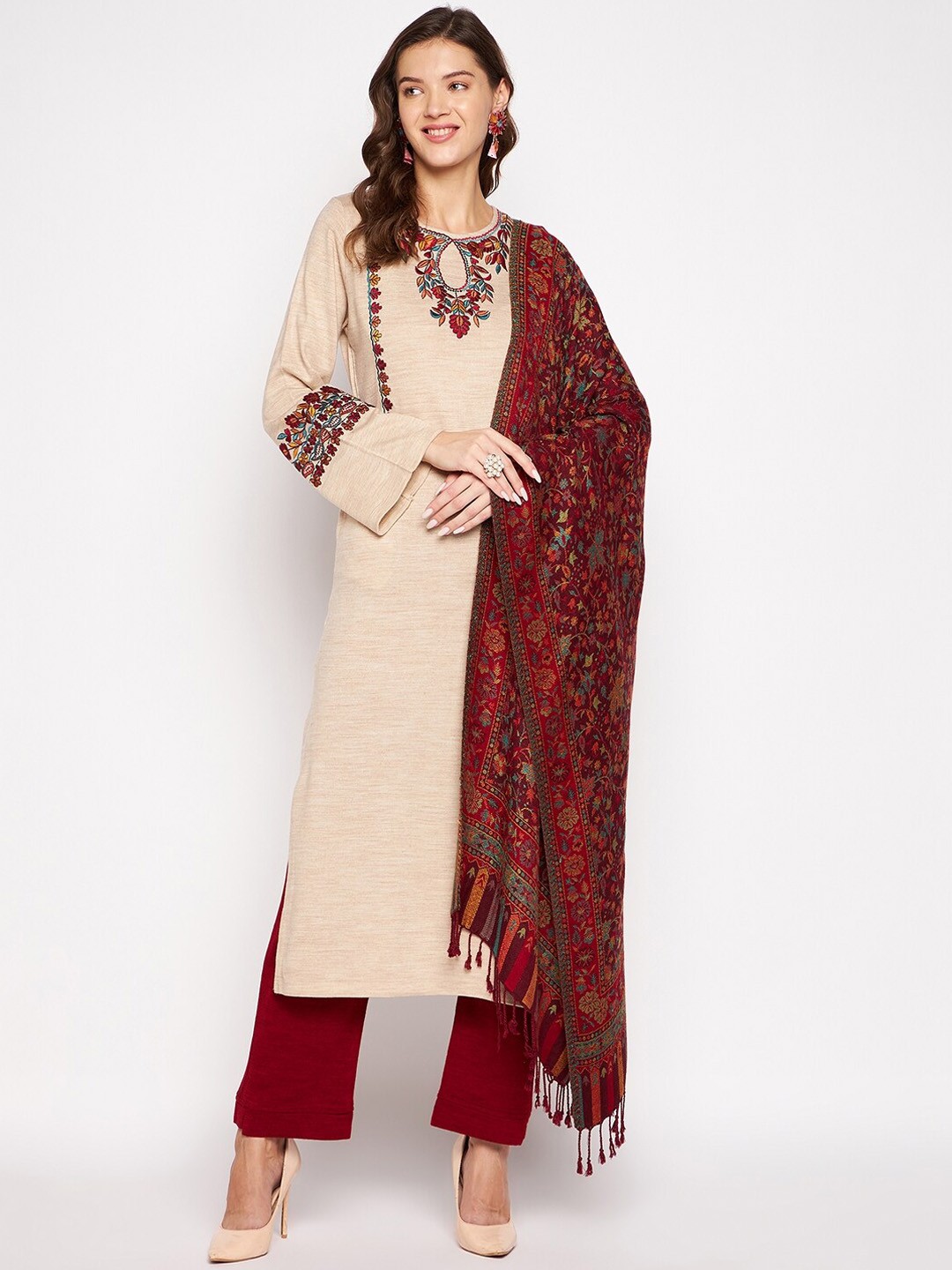 

Zigo Women Camel Brown Embroidered Thread Work Kurta with Trousers & With Dupatta