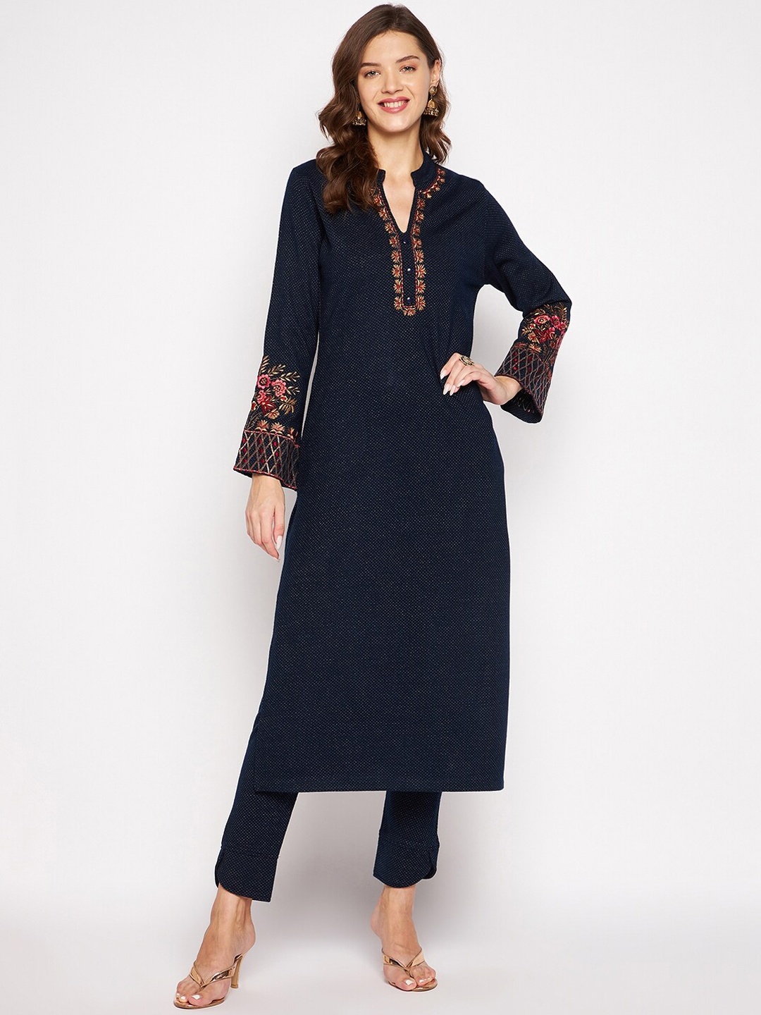 

Zigo Women Navy Blue Floral Yoke Design Thread Work Kurta with Trouser
