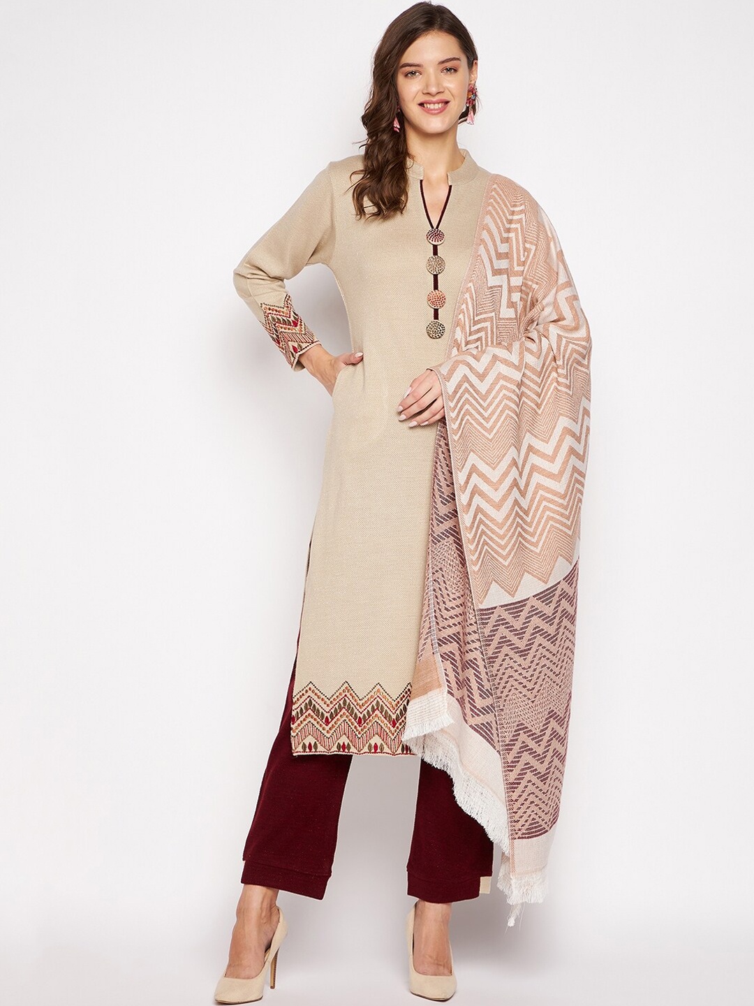 

Zigo Winter Wear Women Beige Floral Embroidered Kurta with Trouser & Dupatta