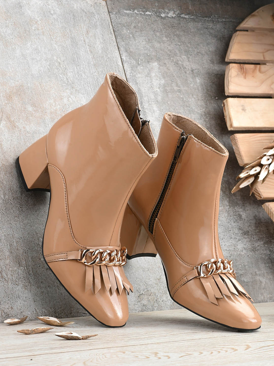 

DressBerry Beige Embellished Block Heels Boots
