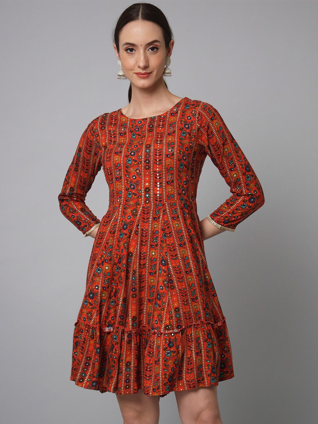 

Spera Red Floral Embroidered A-Line Dress