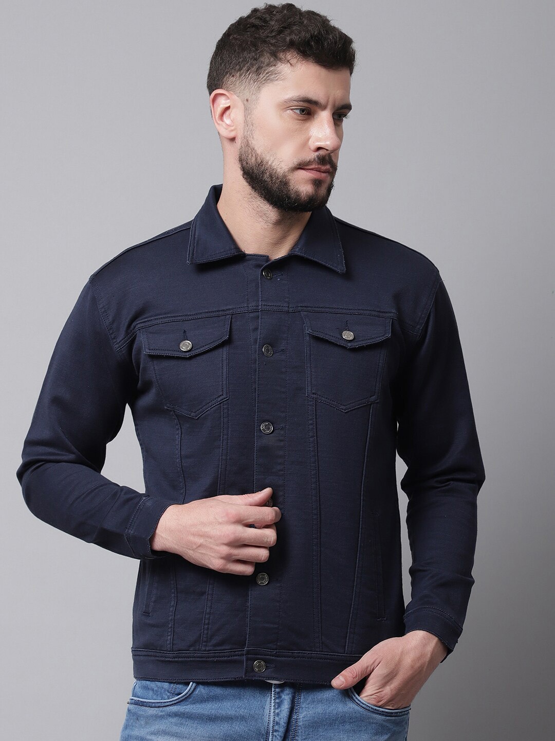 

Rodamo Men Navy Blue Denim Cotton Jacket with Patchwork