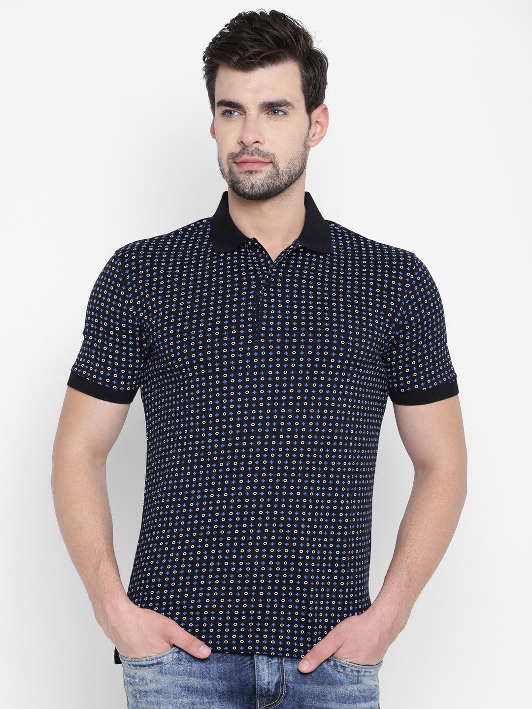 

John Players Men Black Printed Polo Collar Pure Cotton T-shirt