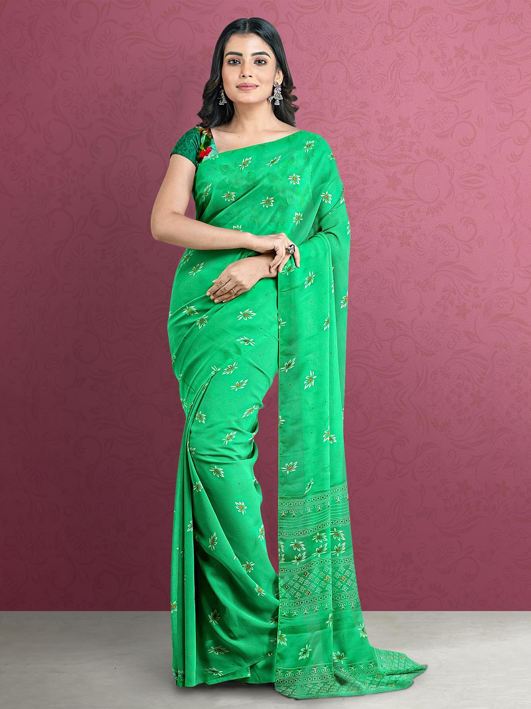 

Kalamandir Green & Yellow Floral Silk Blend Saree