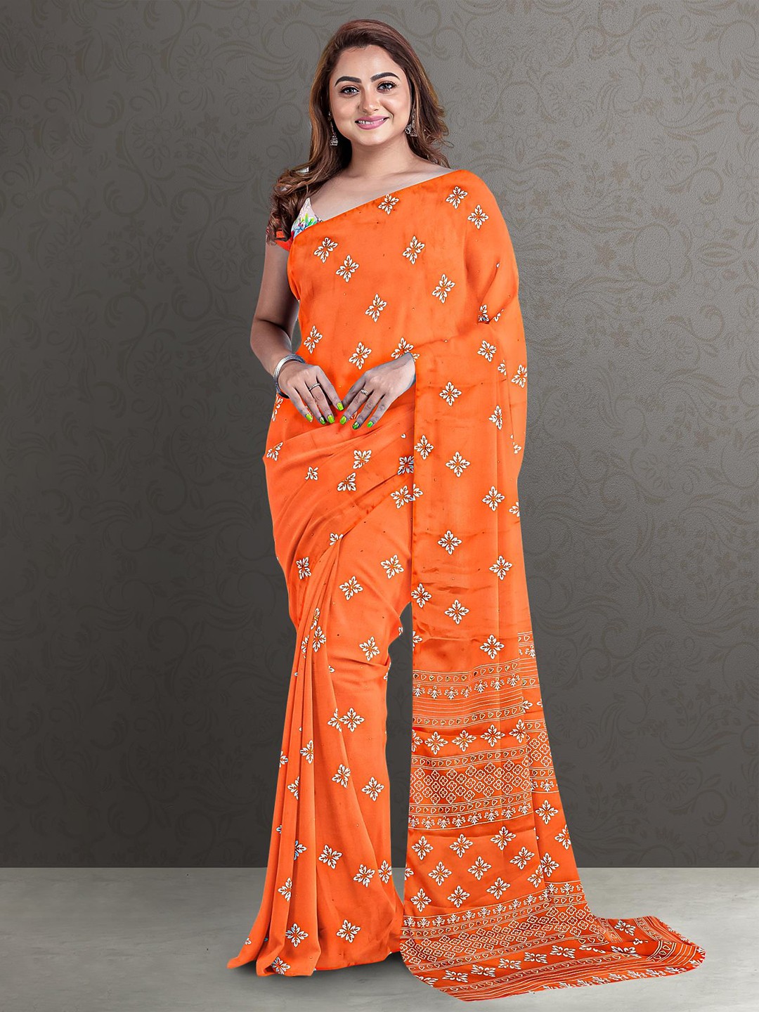 

Kalamandir Orange & Off White Floral Printed Zari Silk Blend Saree
