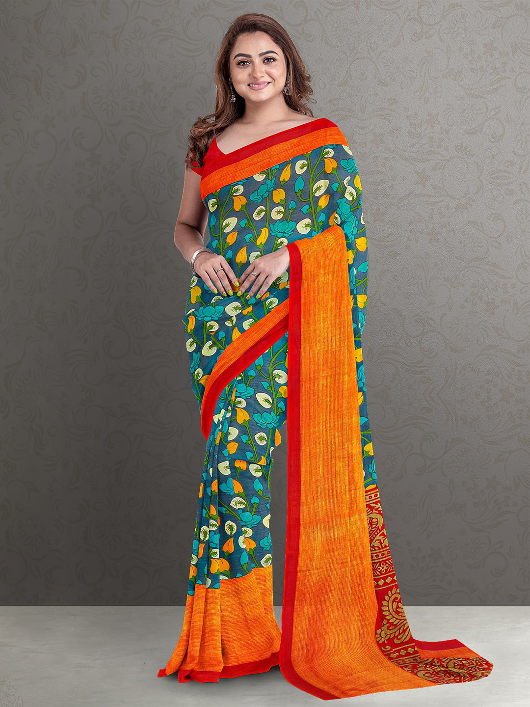 

Kalamandir Blue & Orange Floral Printed Silk Blend Saree