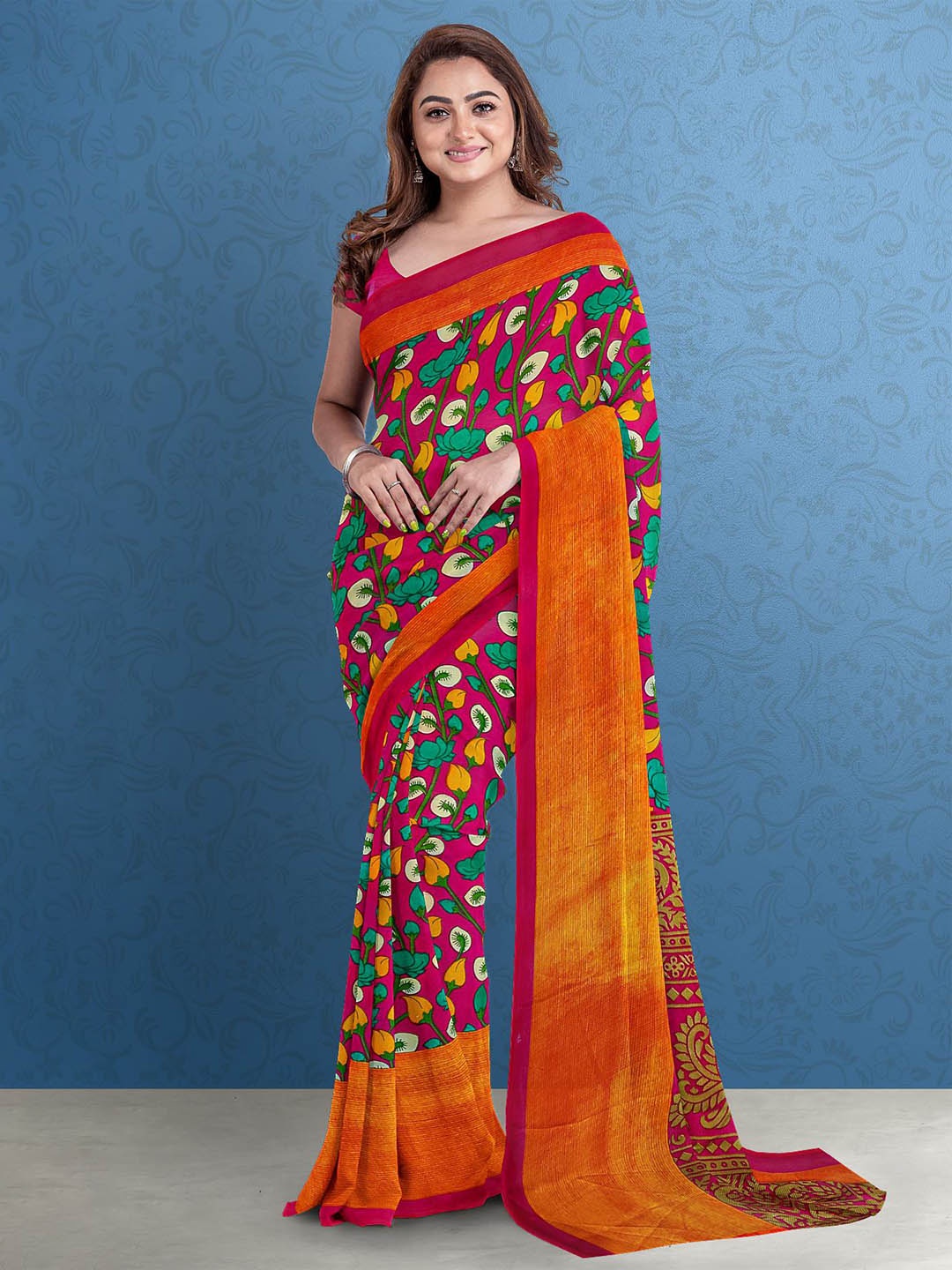 

Kalamandir Pink & Orange Floral Printed Silk Blend Saree