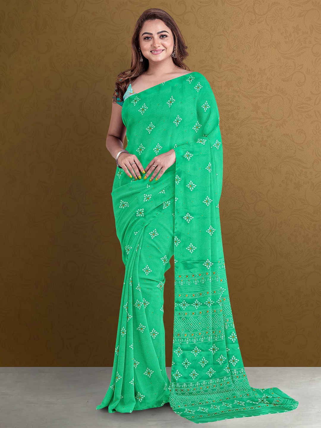 

Kalamandir Sea Green & Off White Floral Printed Zari Silk Blend Saree