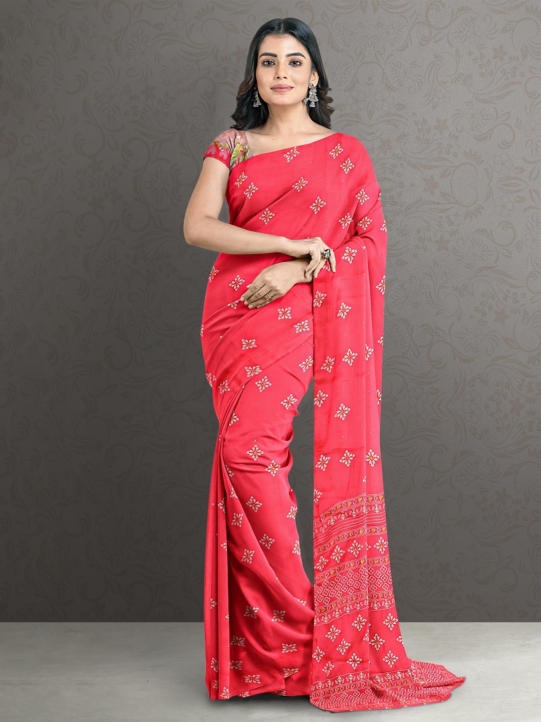 

Kalamandir Pink & Silver-Toned Floral Printed Zari Silk Blend Saree