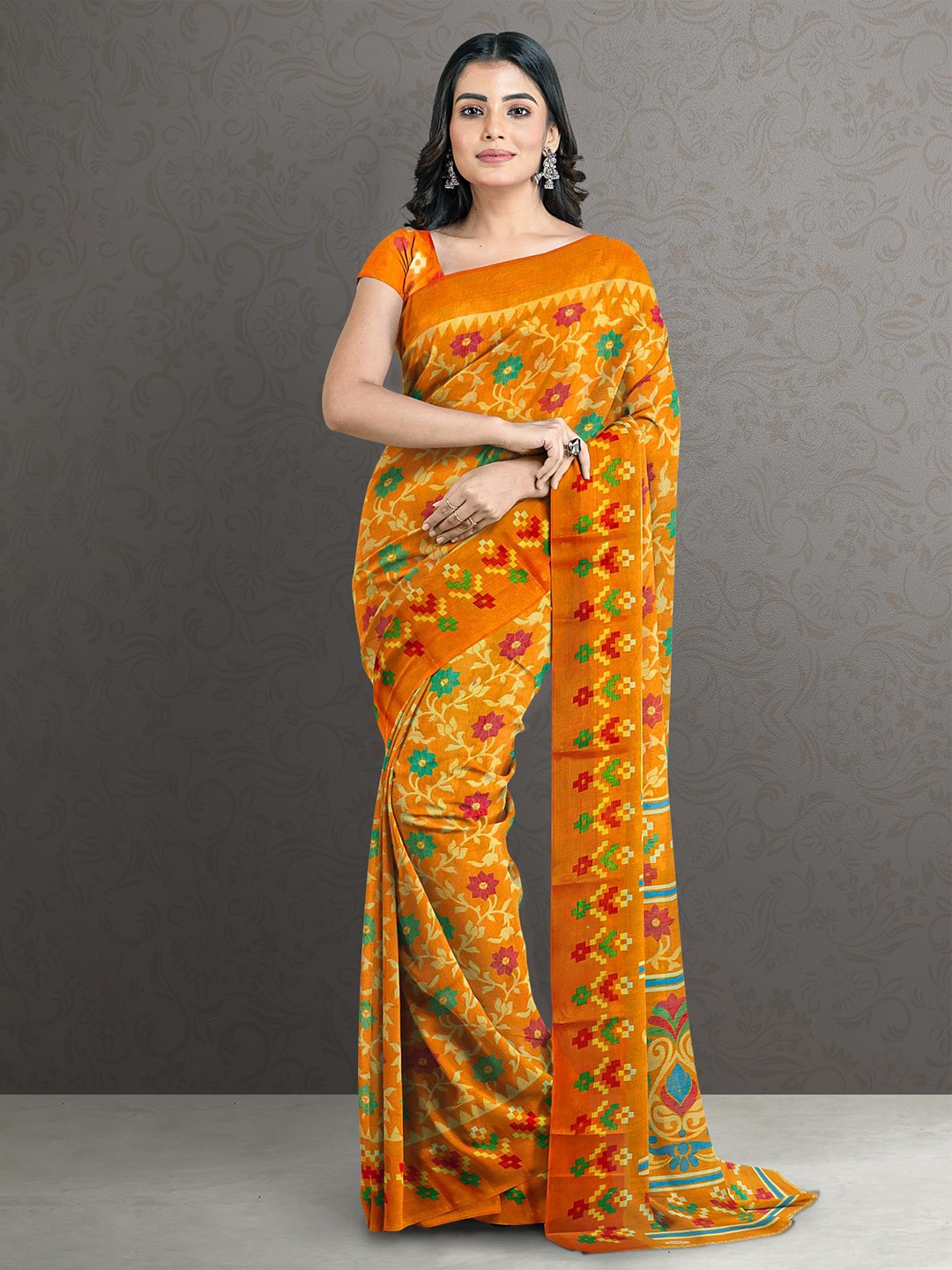 

Kalamandir Mustard & Pink Floral Printed Zari Saree