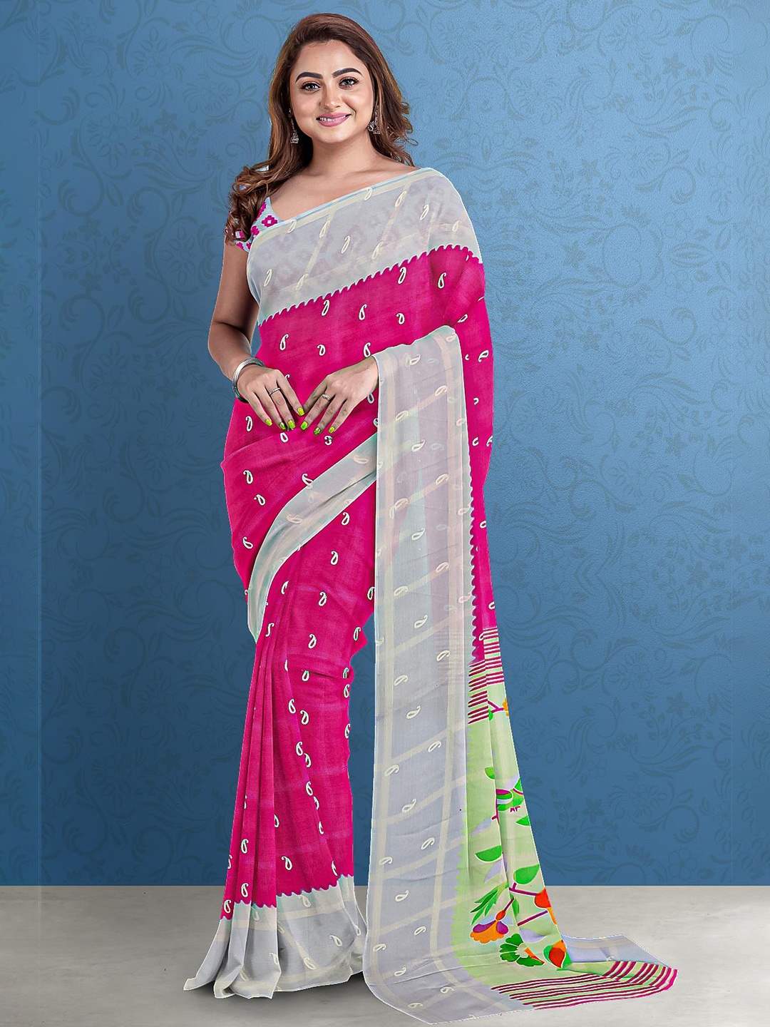 

Kalamandir Pink & Green Paisley Silk Blend Saree
