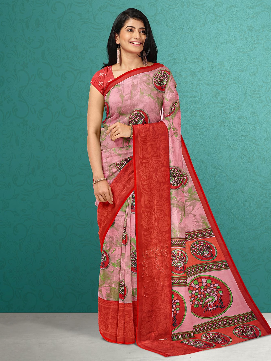 

Kalamandir Pink & Red Kalamkari Silk Blend Saree