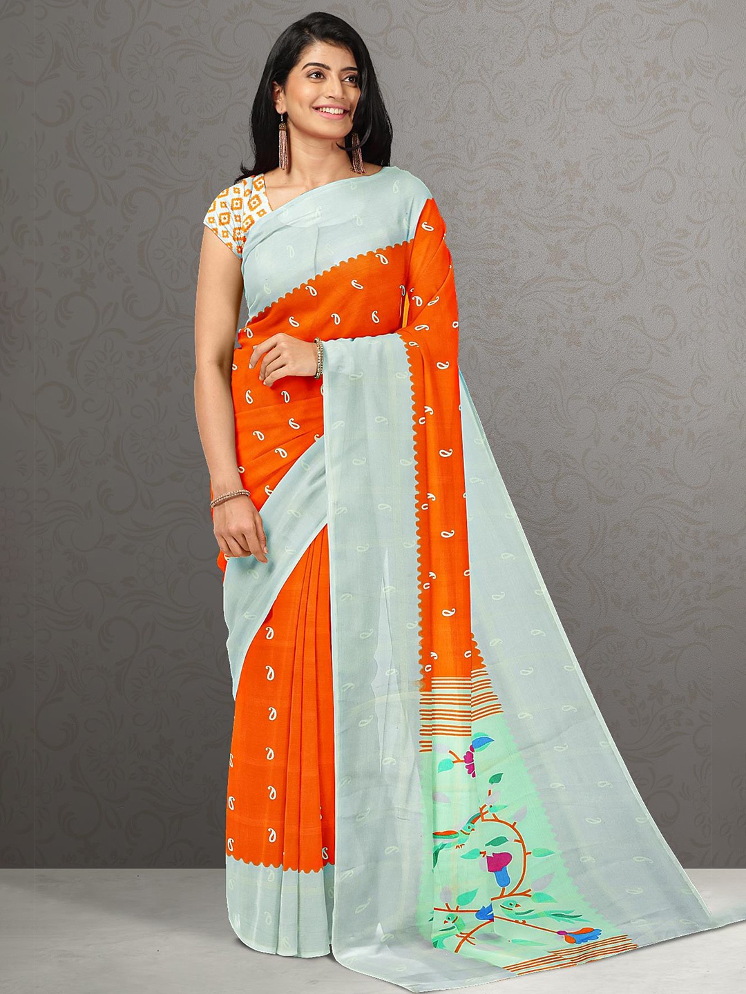 

Kalamandir Orange & Blue Paisley Silk Blend Saree