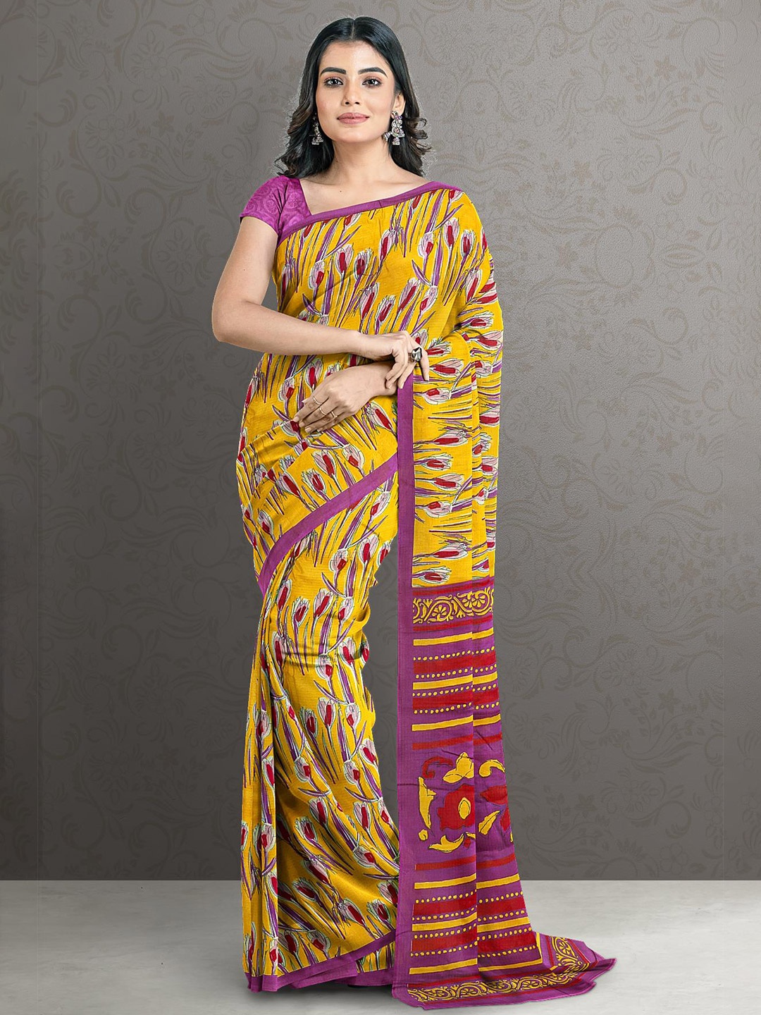 

Kalamandir Yellow & Purple Floral Silk Blend Saree