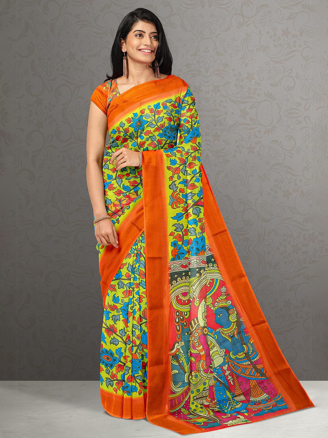 

Kalamandir Green & Orange Kalamkari Zari Linen Blend Saree