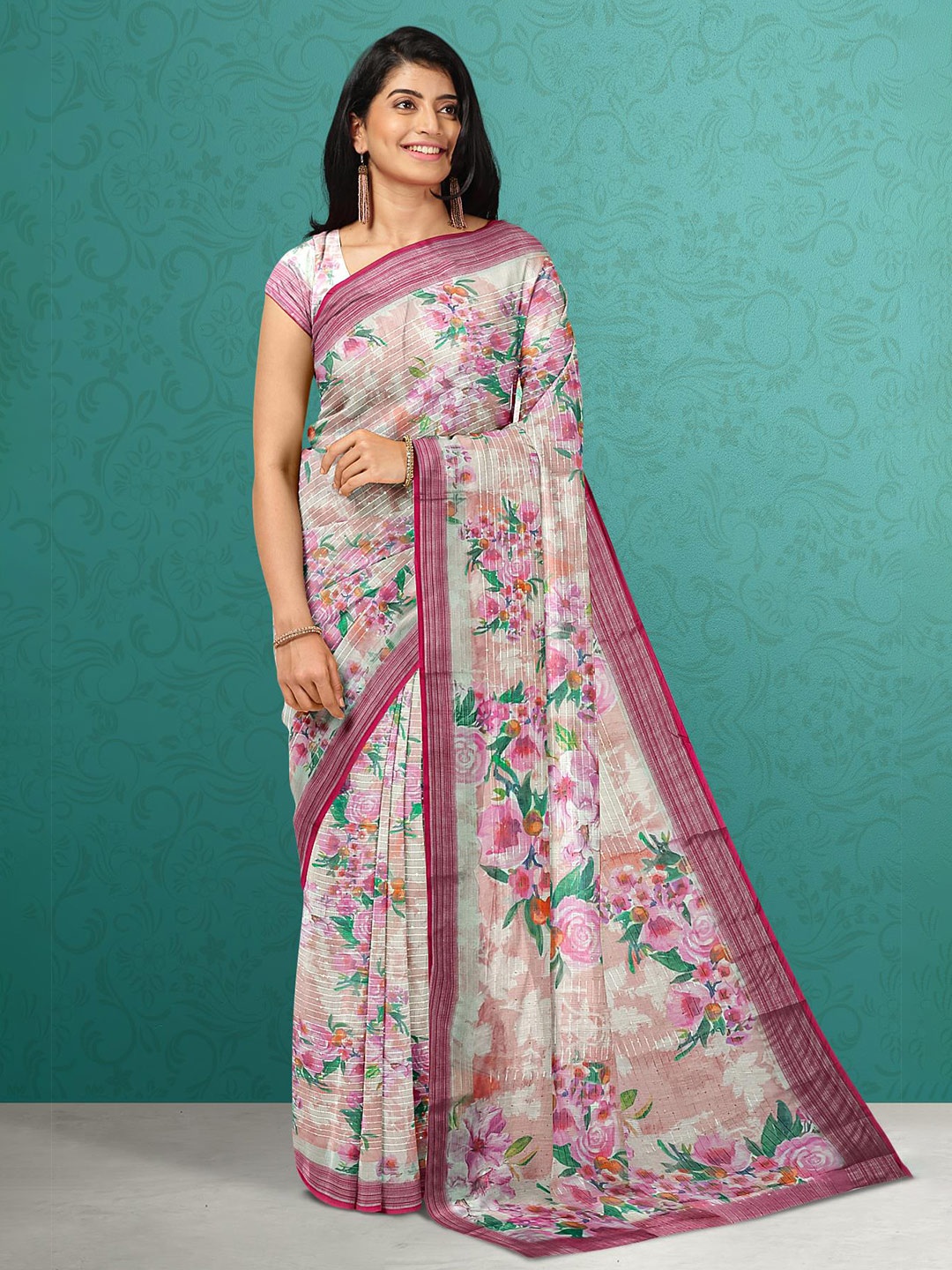 

Kalamandir Pink & Green Floral Zari Jute Silk Saree