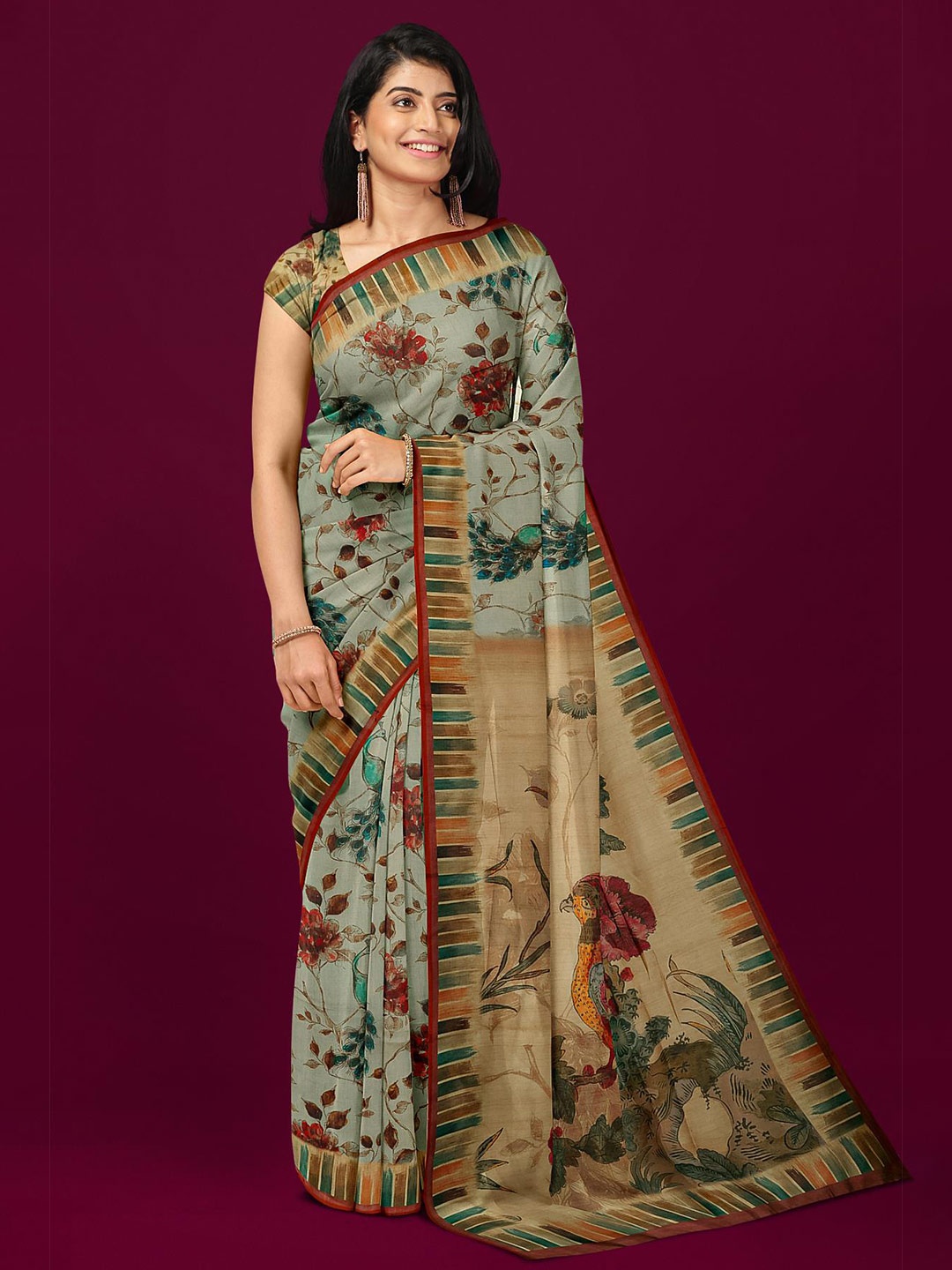 

Kalamandir Grey & Blue Floral Printed Saree