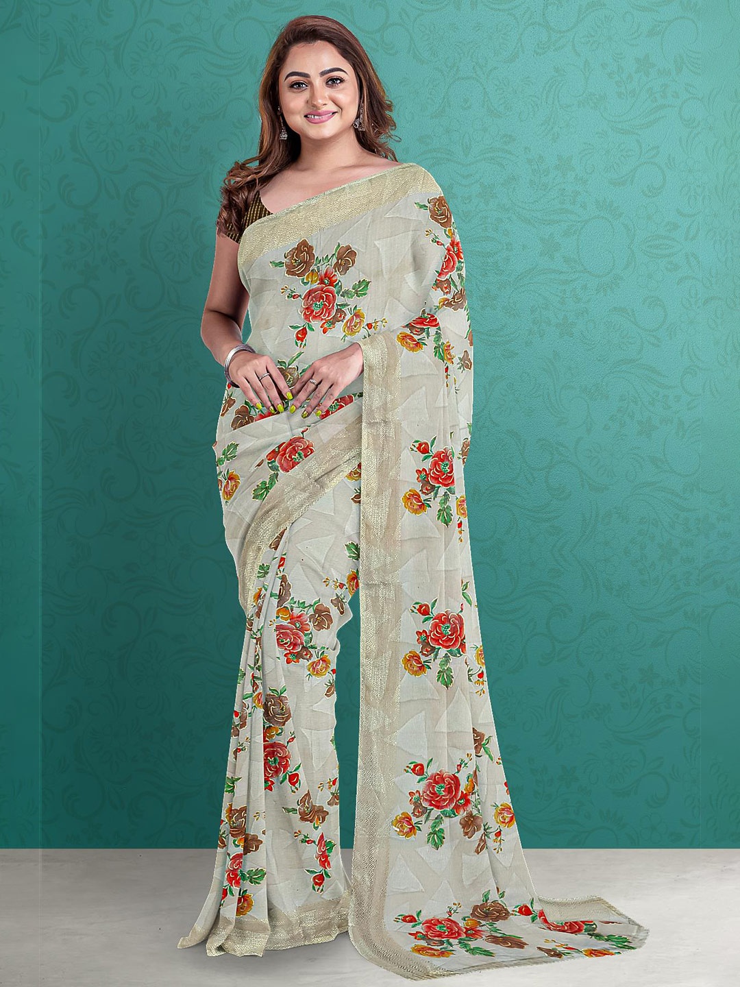 

Kalamandir Off White & Red Floral Printed Silk Blend Saree
