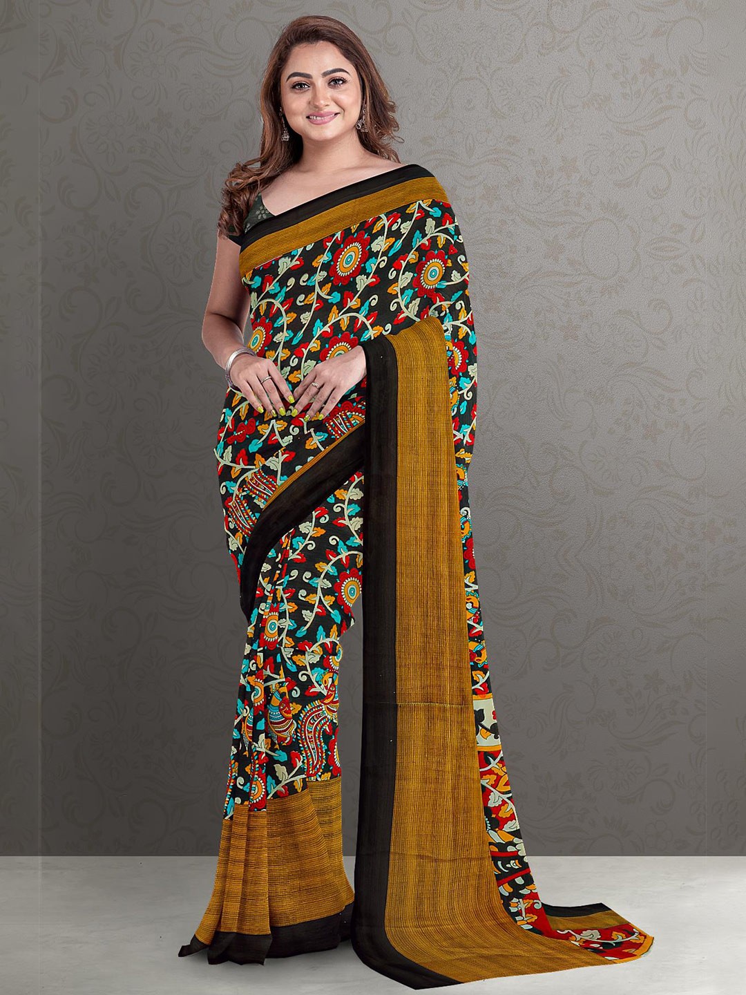 

Kalamandir Black & Red Kalamkari Silk Blend Saree