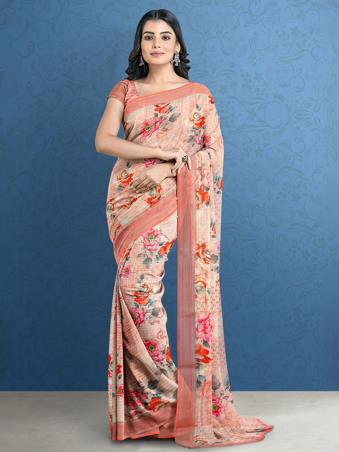 

Kalamandir Peach-Coloured & Grey Floral Jute Silk Saree