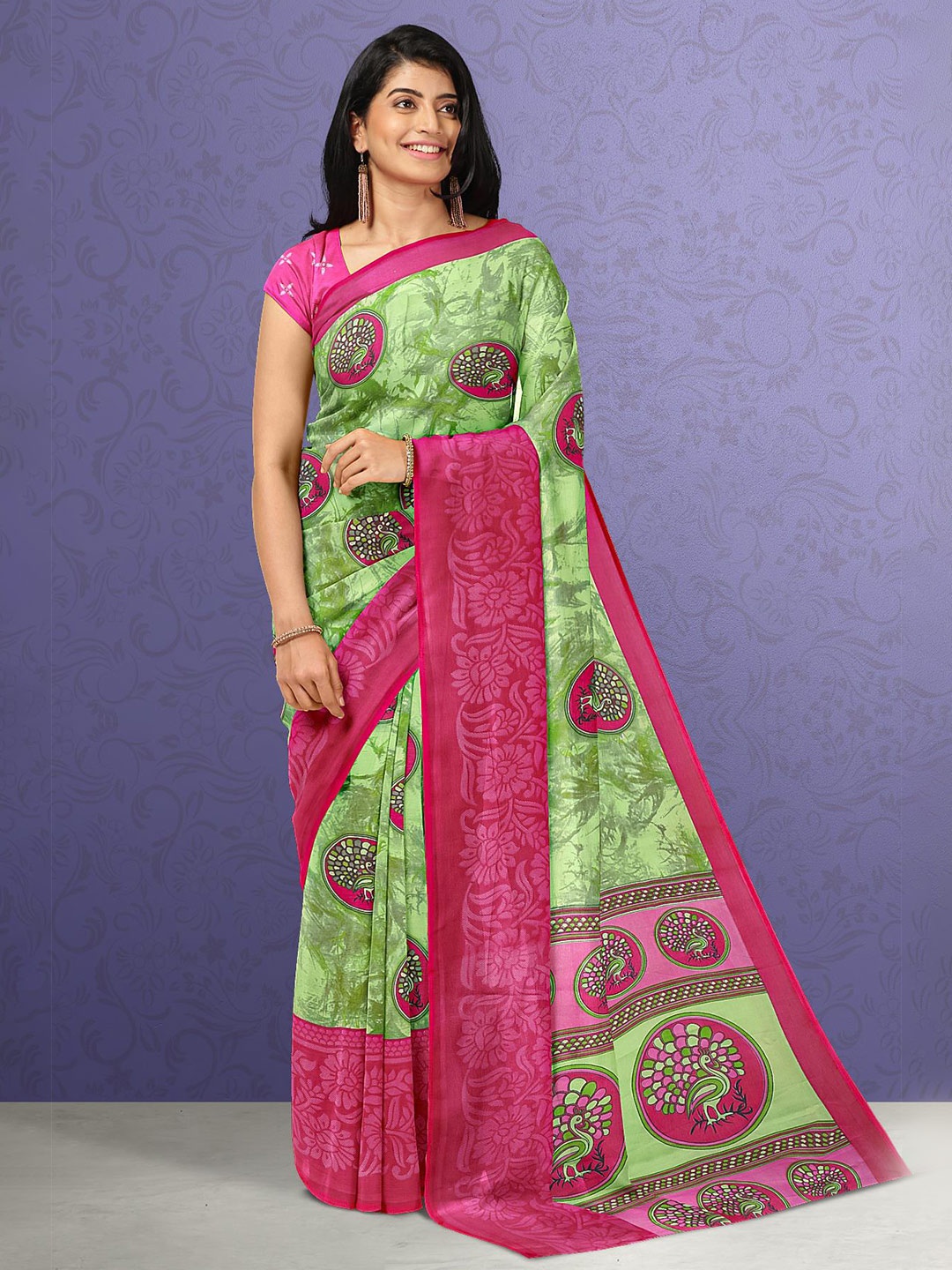 

Kalamandir Women Green & Pink Ethnic Motifs Silk Blend Saree
