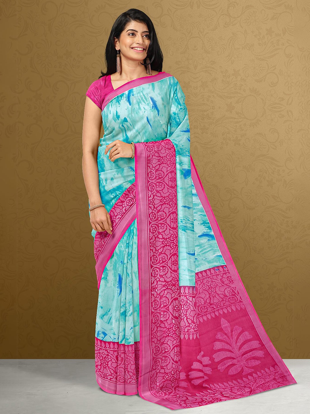 

Kalamandir Women Blue & Pink Printed Silk Blend Saree