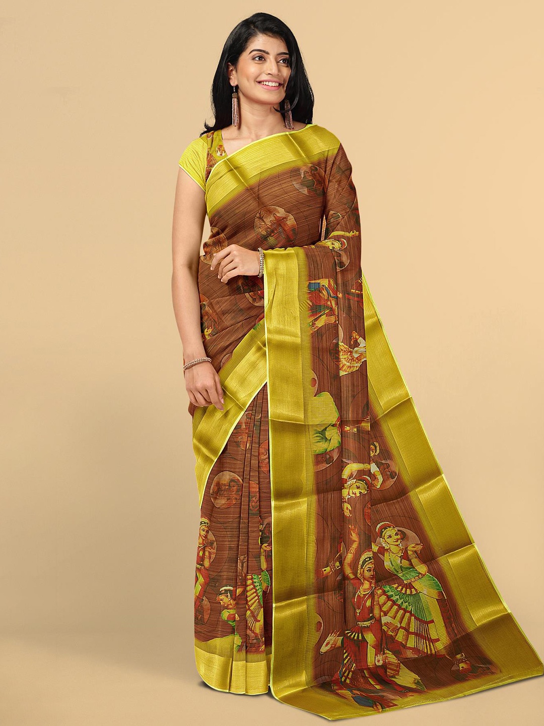 

Kalamandir Women Brown & Gold-Toned Ethnic Motifs Zari Tissue Saree